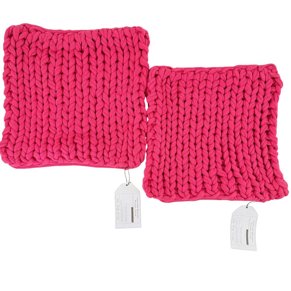 Pottery Barn Dorm Set of 2 Pink 16x16 Textured Braided Knit Pillow Shams
